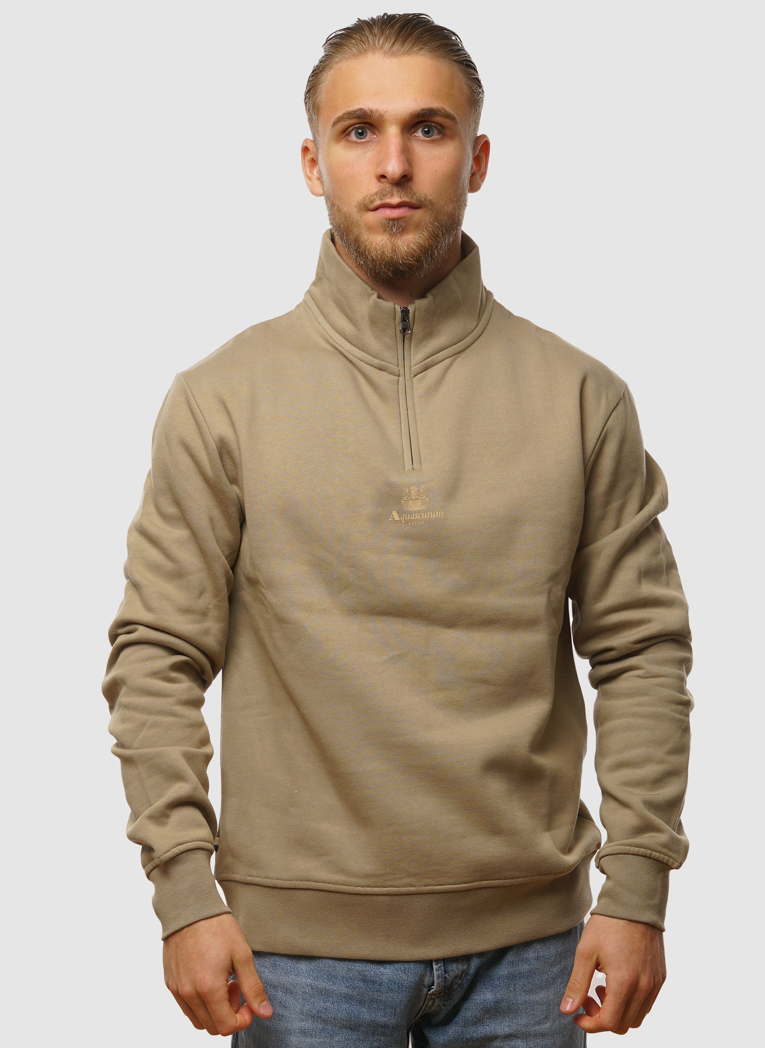 Fleecejacke mit zentriertem Logo und 1/4-Reißverschluss – Khaki
