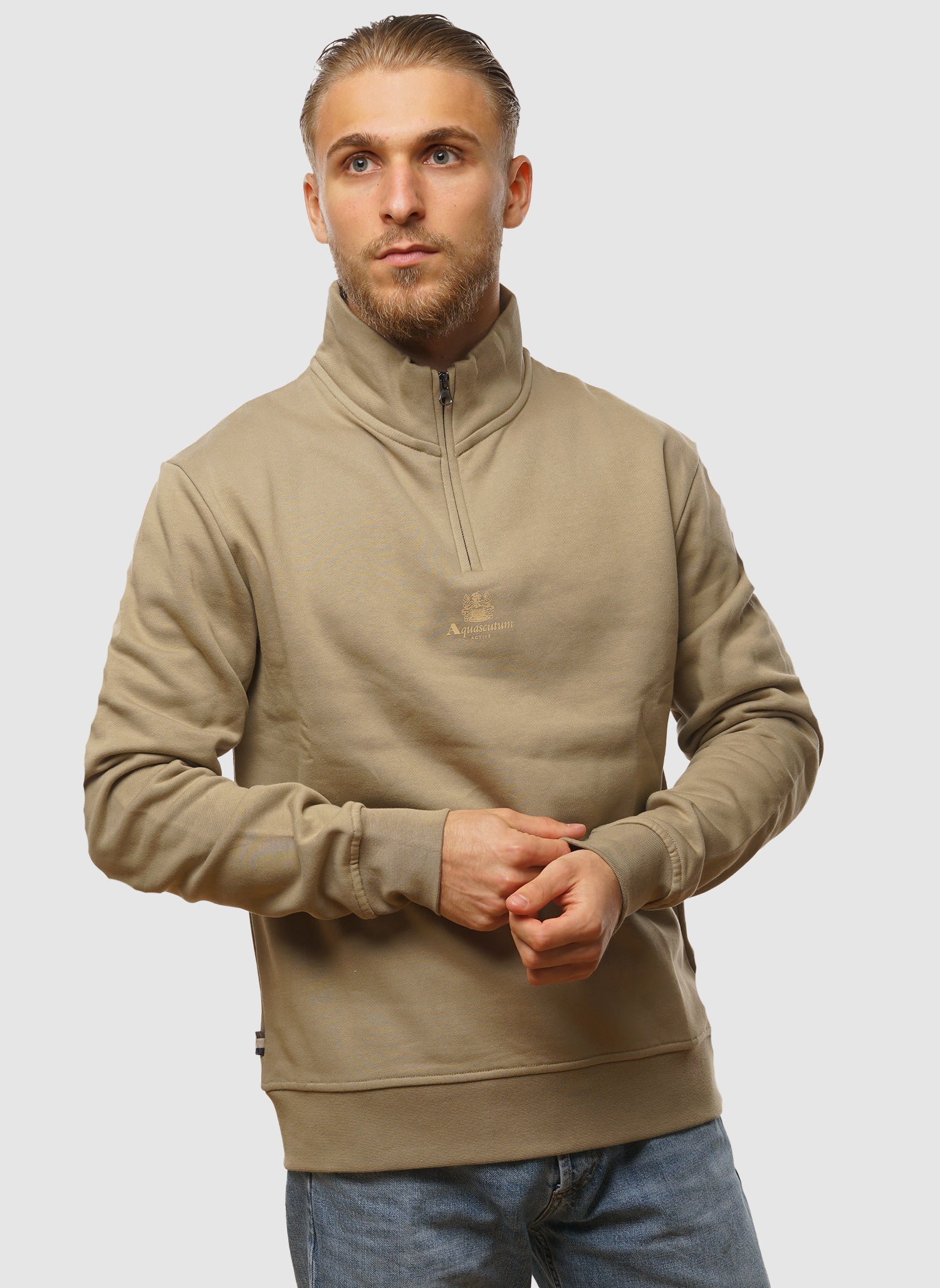 Fleecejacke mit zentriertem Logo und 1/4-Reißverschluss – Khaki