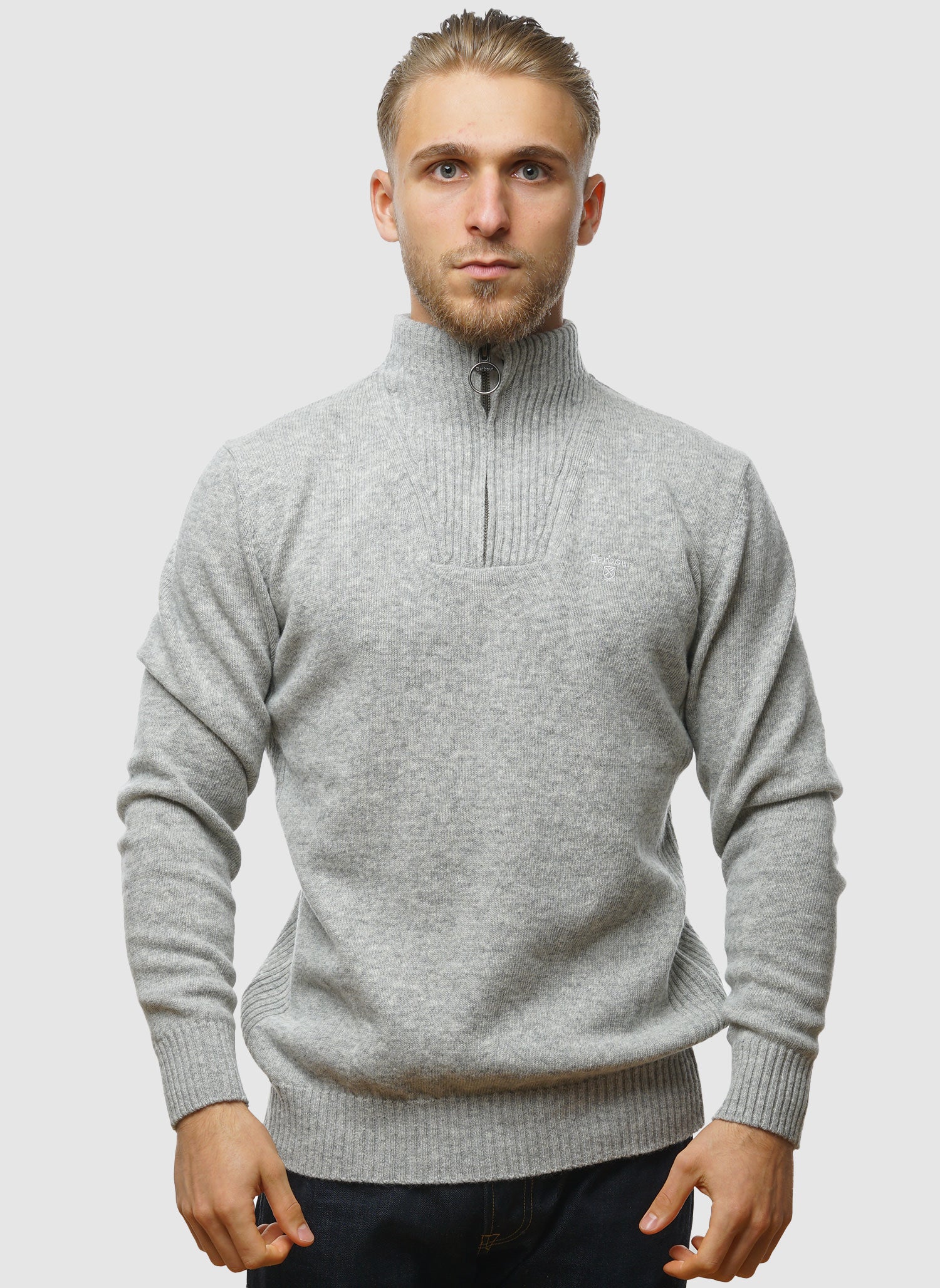 Essentials Wollpullover mit halbem Reißverschluss – Hellgrau