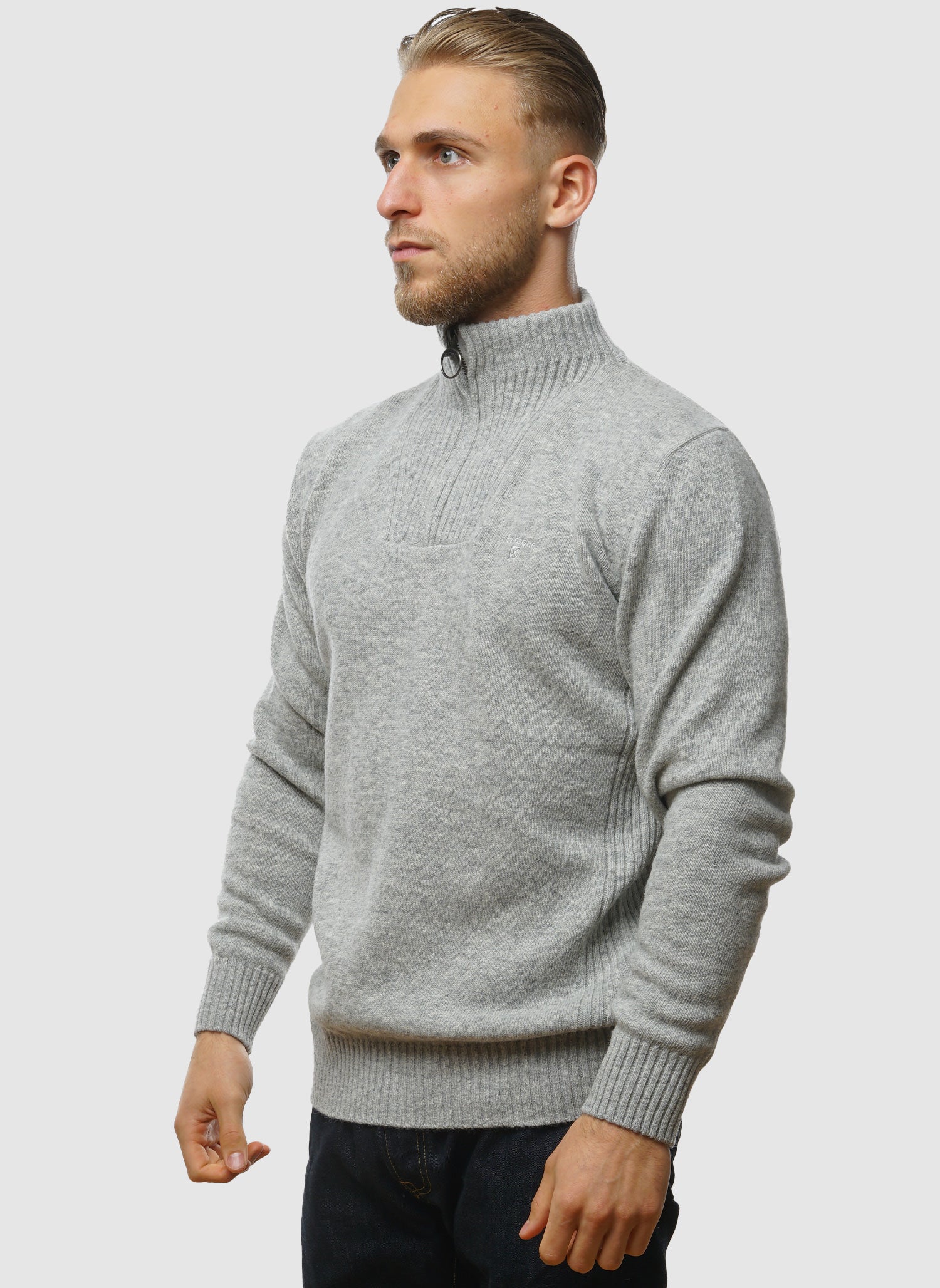 Essentials Wollpullover mit halbem Reißverschluss – Hellgrau