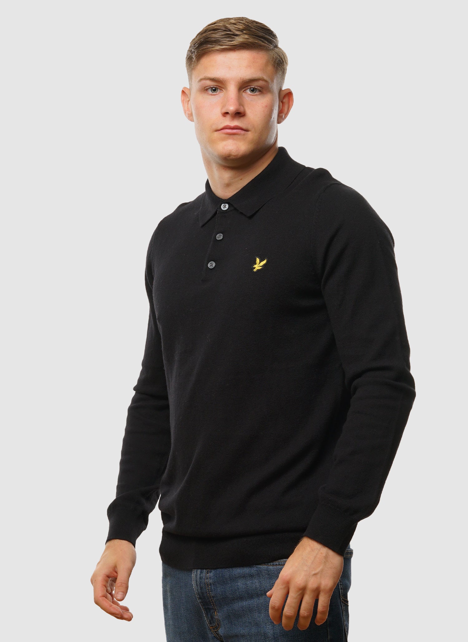 Cotton Merino Long Sleeve Knitted Polo - Jet Black