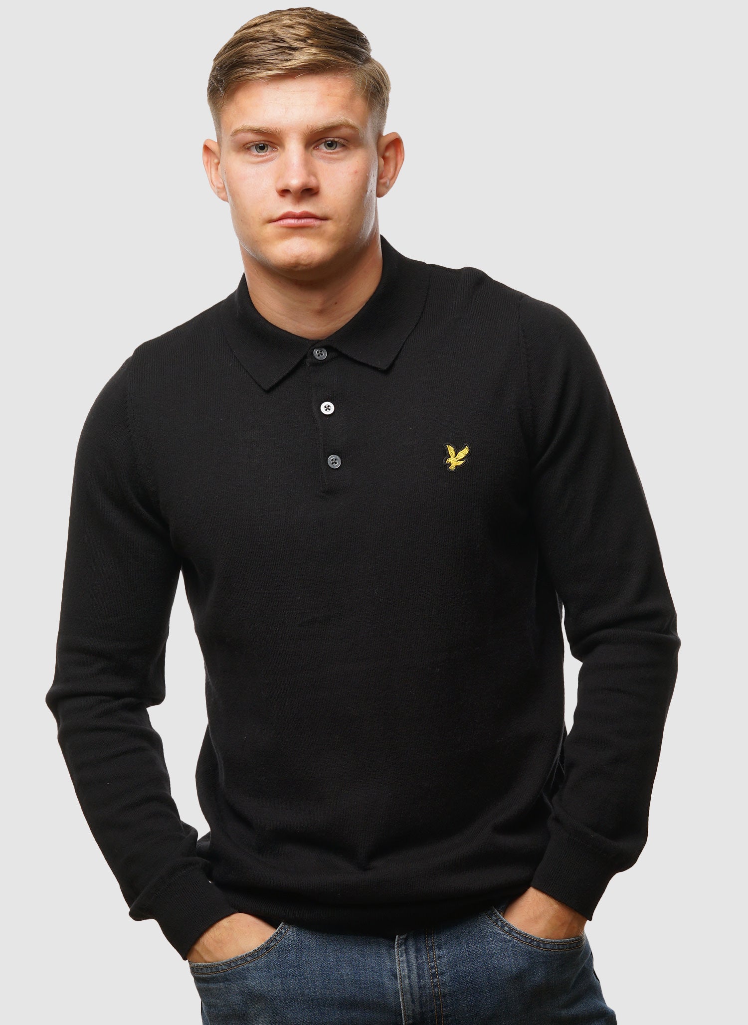 Cotton Merino Long Sleeve Knitted Polo - Jet Black