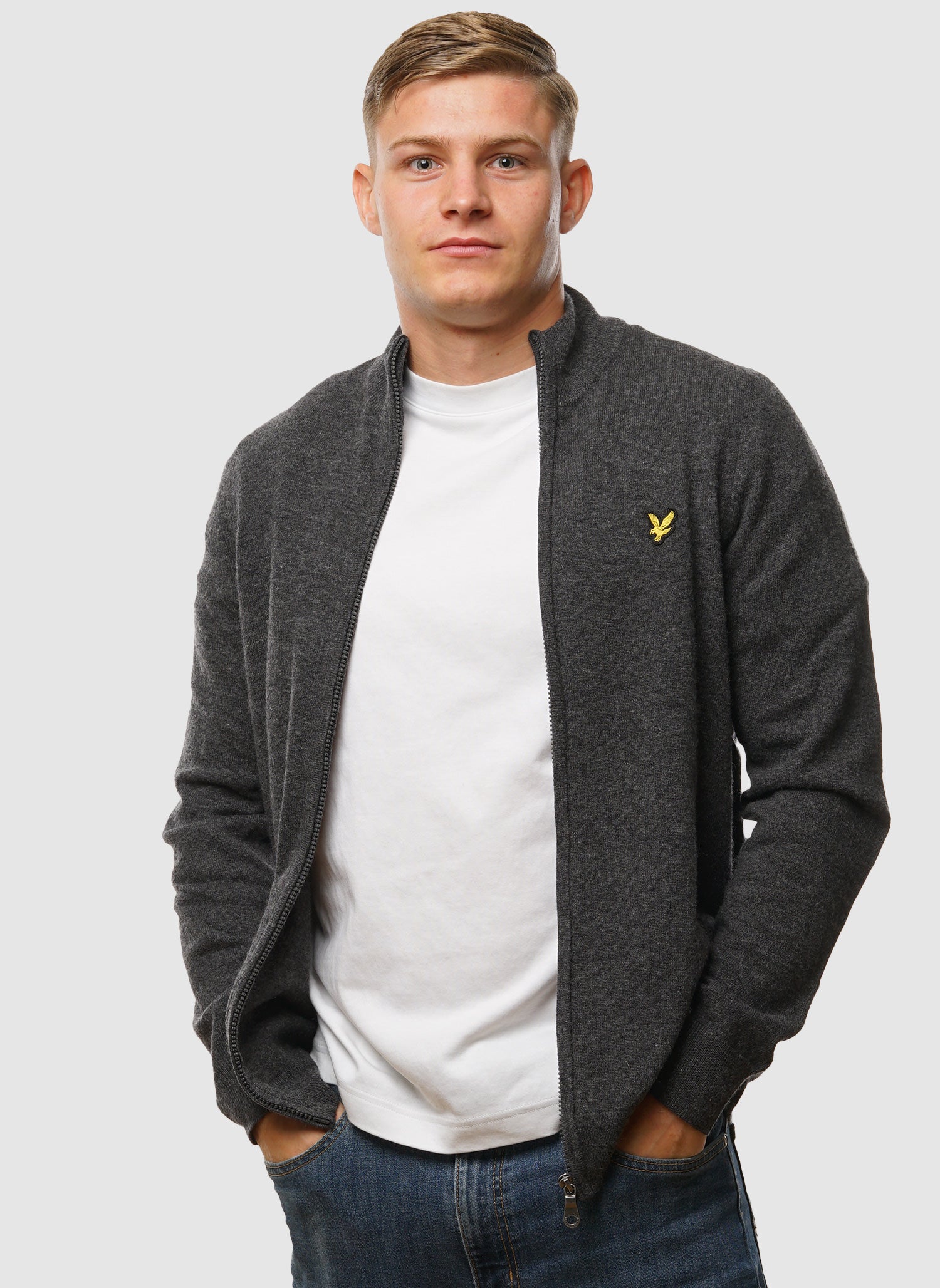 Lambswool Blend Zip Through Cardigan - Charcoal Marl