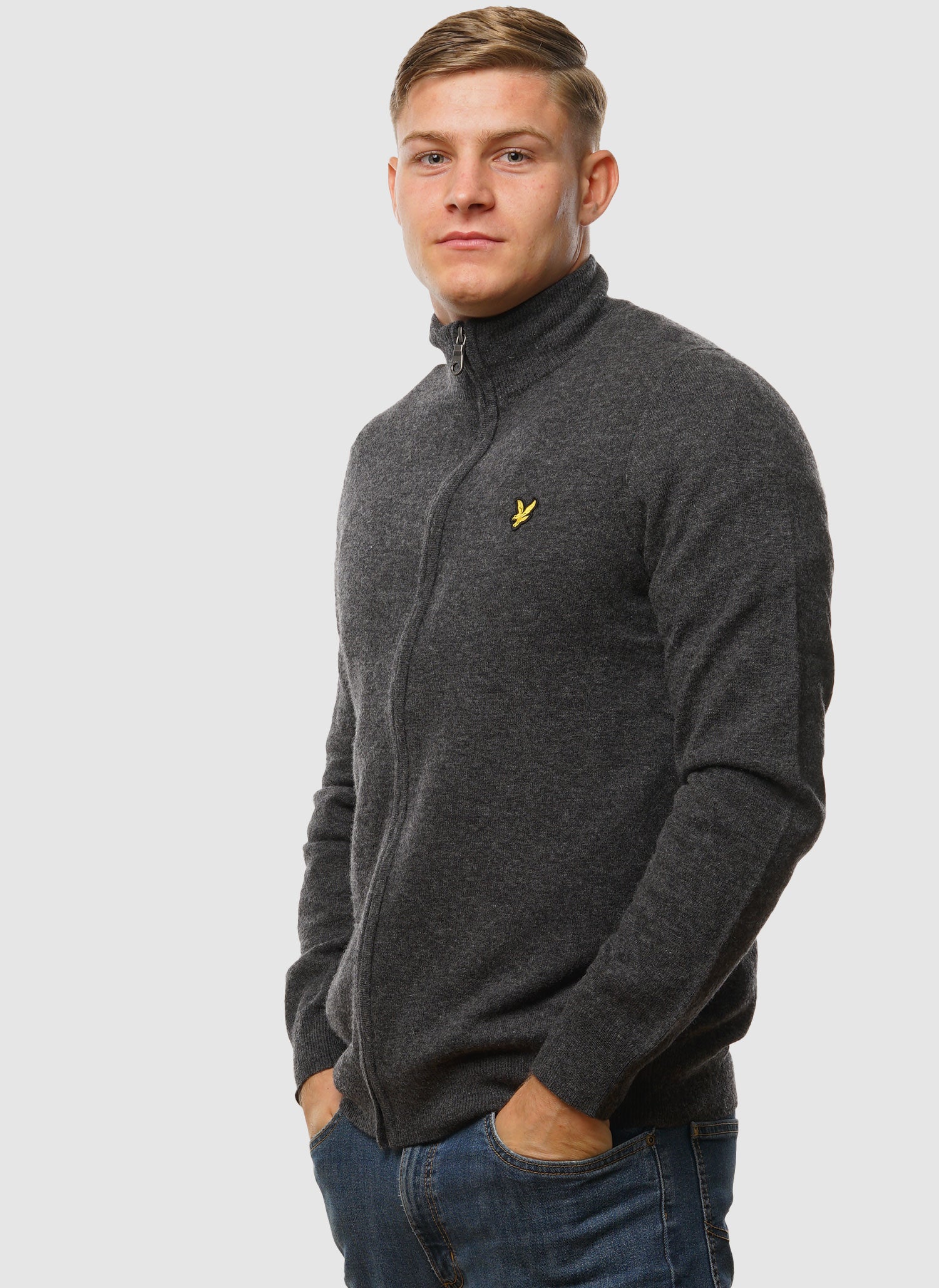 Lambswool Blend Zip Through Cardigan - Charcoal Marl