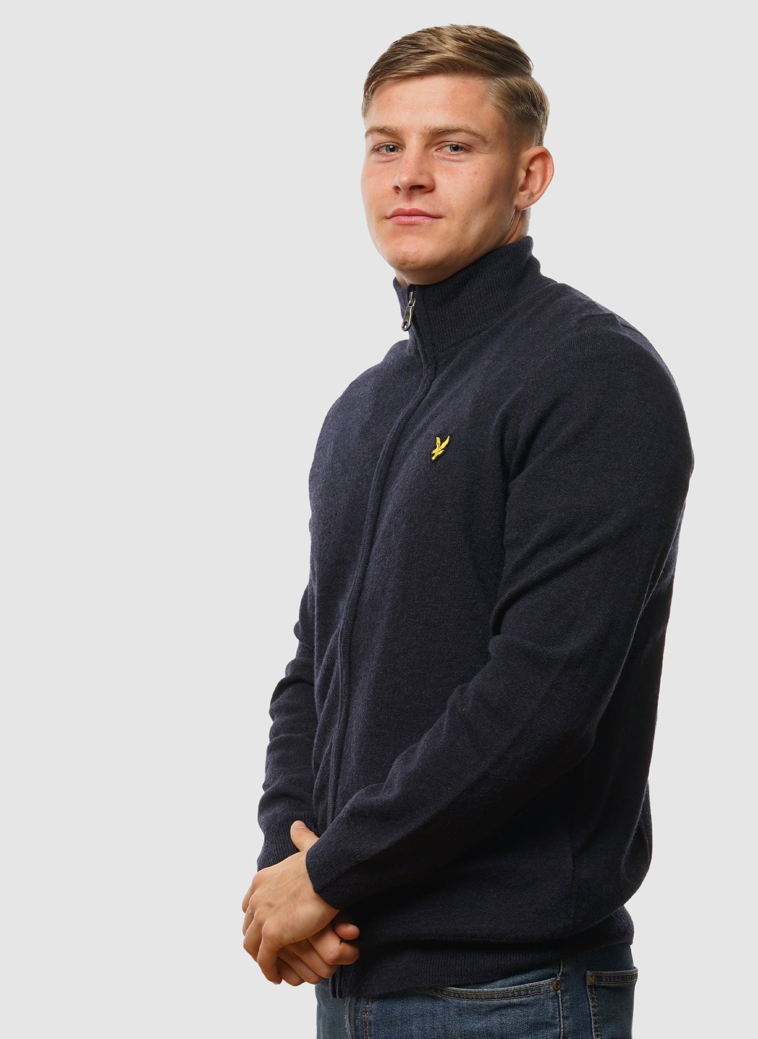 Lambswool Blend Zip Through Cardigan - Dark Navy Marl
